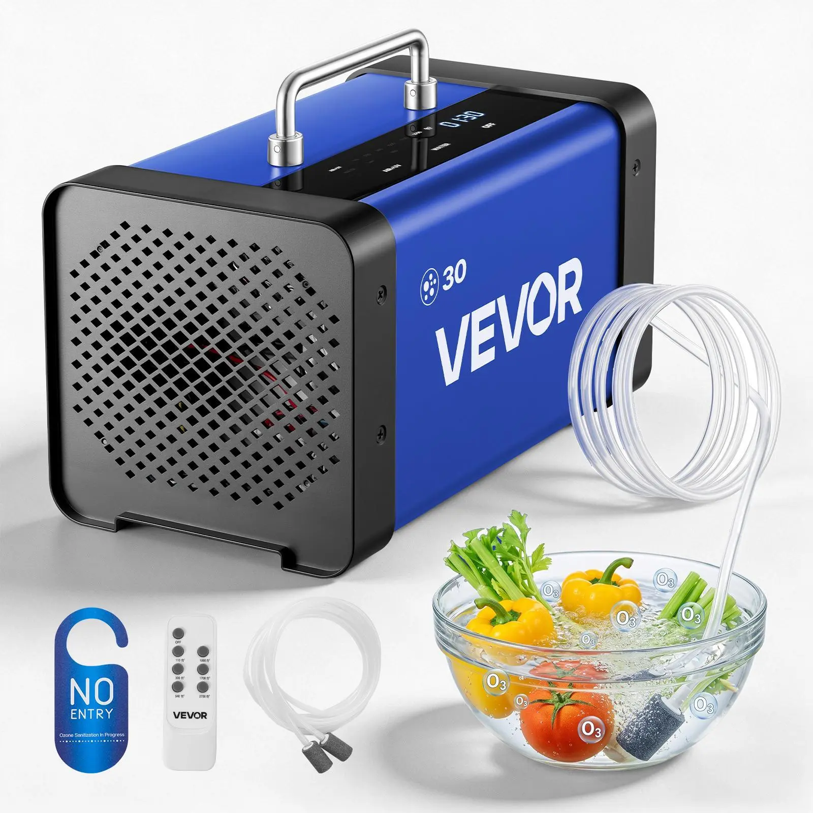 VEVOR Commercial Industrial Ozone Generator Ionizer (30000 mg/h) - Home Air Purifier with Remote Control, Dual Treatment System, 2 Hoses Water Mode, 15s Delayed Start, LCD Touchscreen Control Panel, Area-Based Selection, Foldable Handle (Up to 2700 sq.ft)