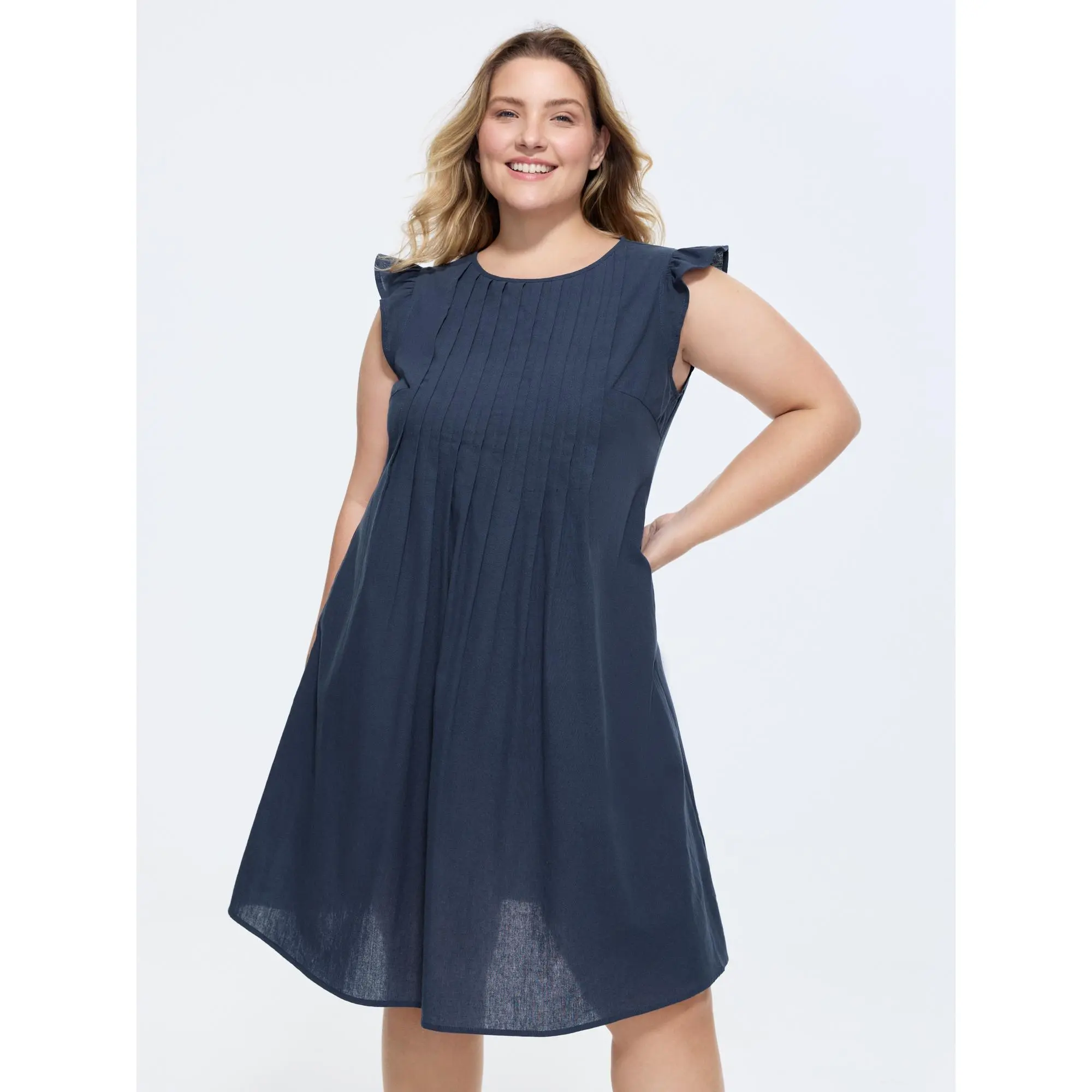 BLOOMCHIC Women's Plus Size Cotton Casual Dress - Flutter Sleeves, Toothpick Pleats, Smooth Fabric, Flattering Fit, Mini Length [M-6X] Summer Finds, Garment, Lady, Pocket, Basic, Cap Sleeve, Cropped, 100% Cotton, Pull-On, Cold Wash, 14-16/1X, 22-24/3X, 18