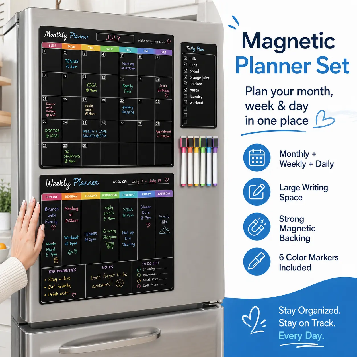 3-Pack Magnetic Refrigerator Calendar - Office Stationery Supplies, Dry Erase Monthly & Weekly Fridge Whiteboard with 8 Markers, 1 Eraser, 1 Shopping List (Black-White) for Home To-Do Planning