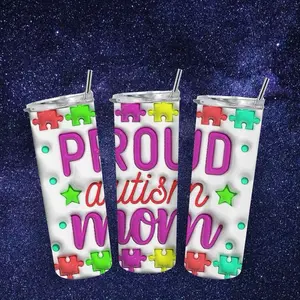 T Cuts Creations Autism Awareness Stainless Steel Portable Tumbler Water Bottle - Kitchenware Drinkware with Colorful Puzzle Pieces, Stars Design for Proud Autism Moms
