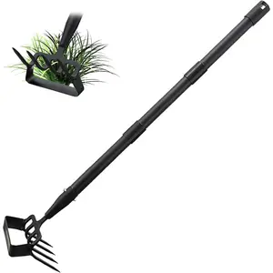Stirrup Hand Hula Hoe Heavy Duty Metal Gardening Weed Puller Tool 4 Tines Prong 2-in-1  Stripper Yard Rake for Women  Men Garden Grandpas Weeder 32-62 inch Long Adjustable Handle