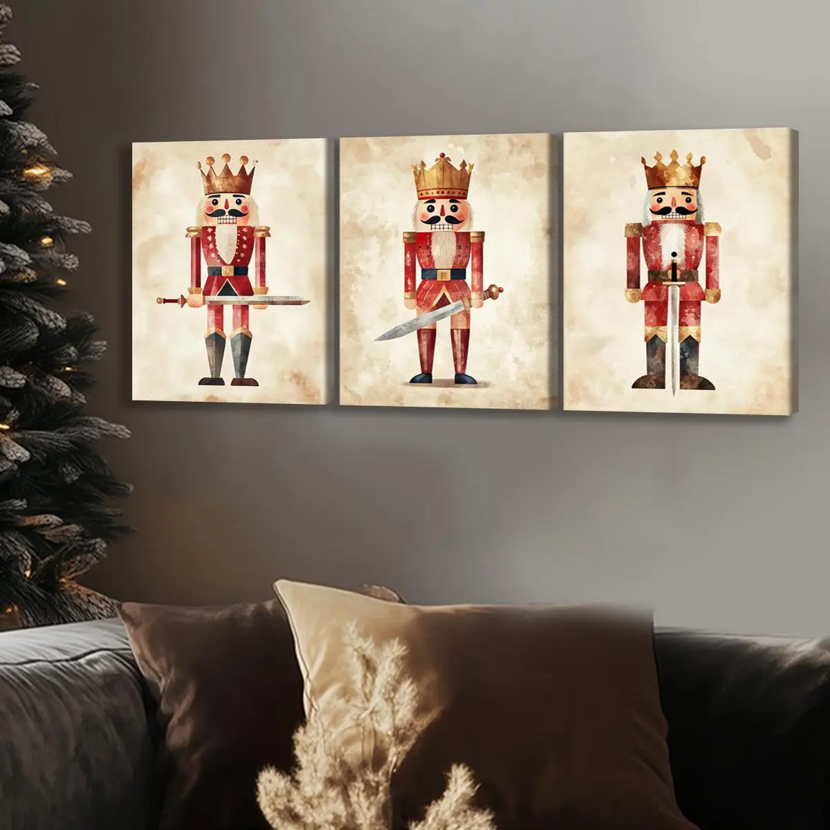 Nutcracker Pattern Wooden Framed Canvas Painting, 3 Counts/set Vintage Nutcracker Poster, Fun Nutcracker Wall Art for Home Living Room Bedroom Office