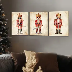 Nutcracker Pattern Wooden Framed Canvas Painting, 3 Counts/set Vintage Nutcracker Poster, Fun Nutcracker Wall Art for Home Living Room Bedroom Office
