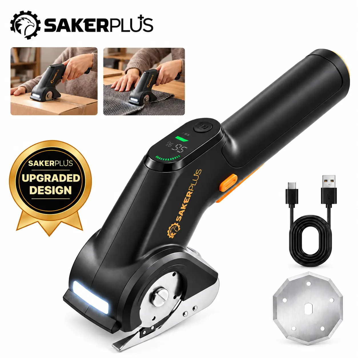 Sakerplus Cordless Electric Scissors - 2-Speed Rotary Cutter with Digital Battery Display, LED Light & USB-C Charging for Cardboard, Fabric, Leather & DIY Crafts