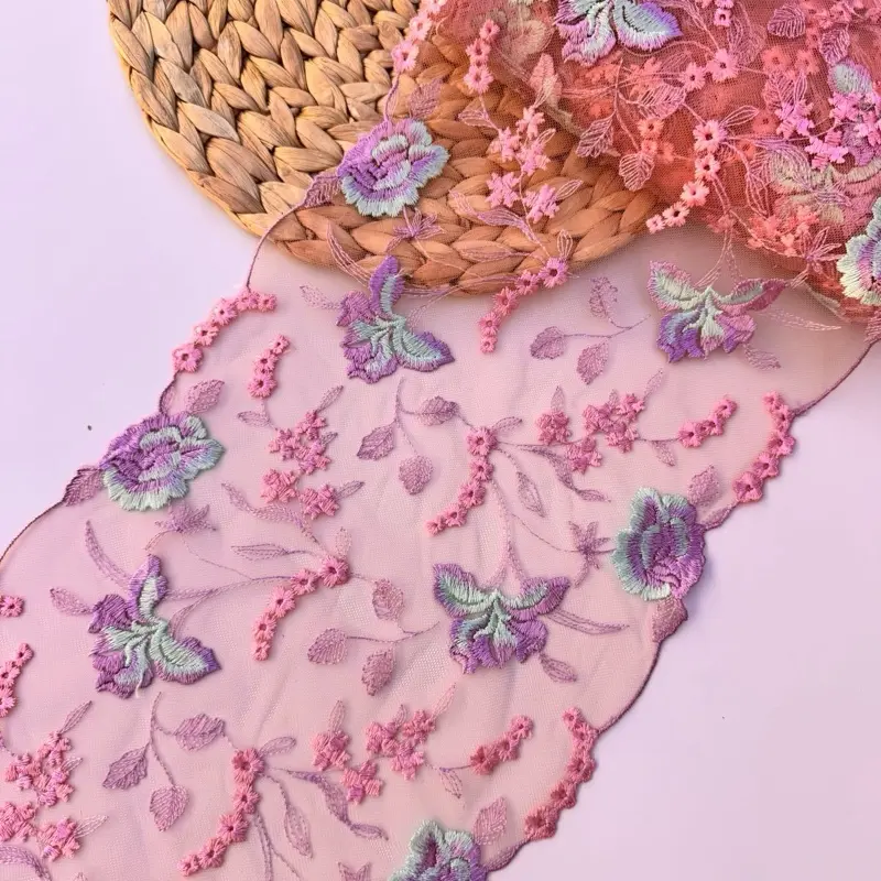 Bright Embroidered Tulle Lace, 8 inches Colorful Mesh Net Lace Trim, Mirrored Bra Making Lace Fabric For Lingerie