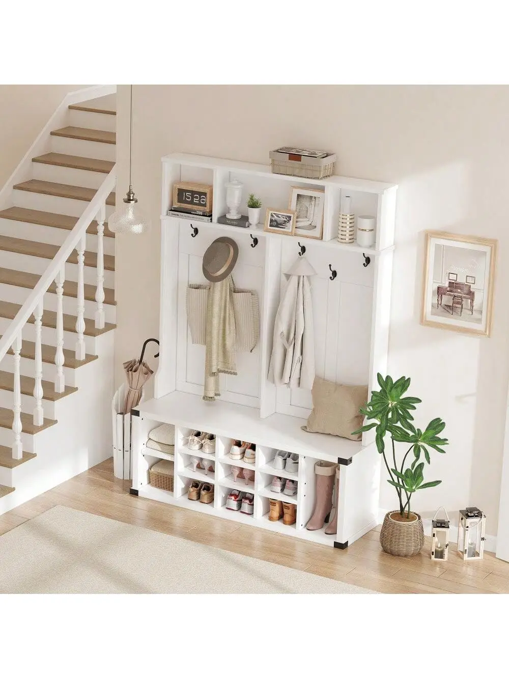 Hall Tree With Shoe Storage Bench, 4-In-1 Entryway Bench With Coat Rack & Adjustable Shlef & 2 Wood Doors, Hall Tree With Metal Corner & 5 Tri-Hooks For Entryway, Bedroom, Living Room