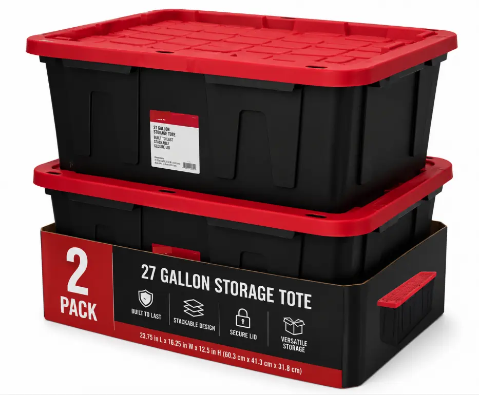 ( 2 pack )  27 Gallon Large Storage Bin with Snap Lid, Black and Red, Heavy Duty Plastic Storage Container