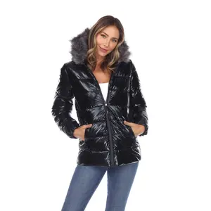 White Mark 927-01-XL Women Metallic Puffer Coat with Hoodie, Black - Extra Large