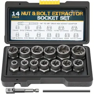 Multifunctional Nut & Bolt Extractor Socket Kit, Including 13 Nut Remover Kit Set, 1/4'' to 3/8" Drive Hex Socket Adapter & Iron Bar, Power Tool Accessories, Impact Sockets Set