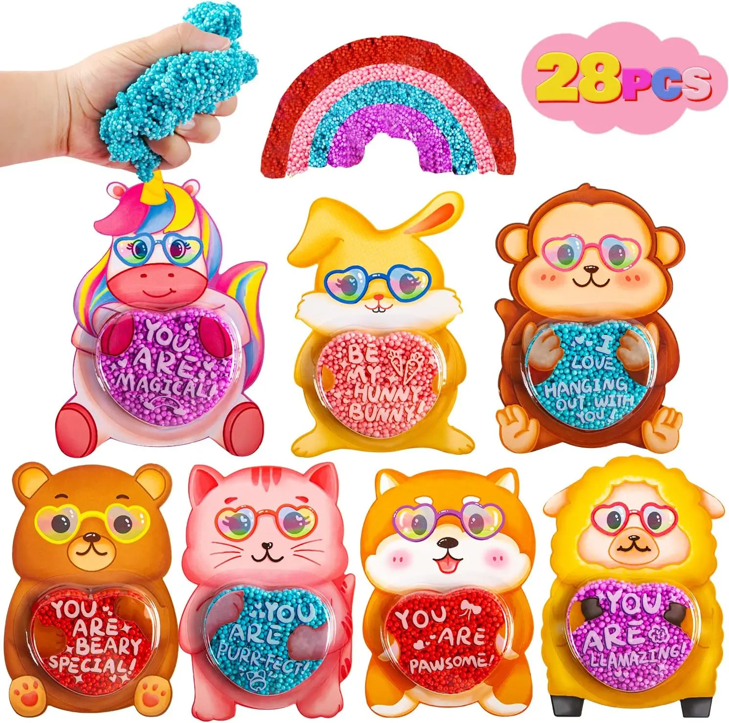 28 Pack Valentine’s Day Cards with Squishy Slime Favors – Colorful Foam Stress Toys for Kids Classroom Valentine Exchange, School Party Gifts