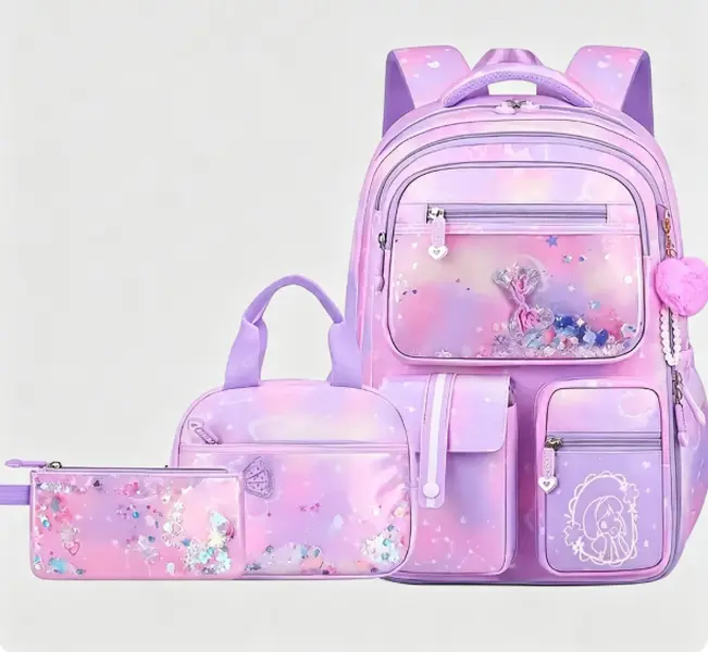 Cute Gradient Quicksand Backpack Set 3 In 1, Dreamy Glitter Transparent Pocket Daypack, Aesthetic Cartoon Casual Backpack With Handbag and Pencil Pouch For Daily Travel