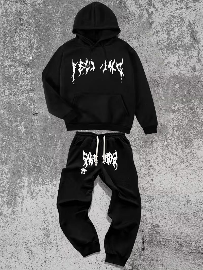 Men's Hoodie and Pants Set American Streetwear with Lightning Cross Print Stylish Casual Wear Featuring Slight Stretch and Detailed Pockets Black Trouser Longsleeves