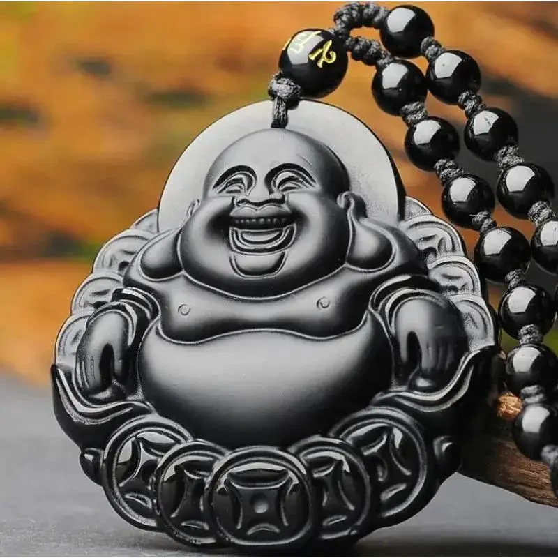 Classic Obsidian Tathagata Buddha Head Pendant Necklace - Unisex Ethnic Fashion Amulet, Chain Link Religious Buddhist Jewelry Gift