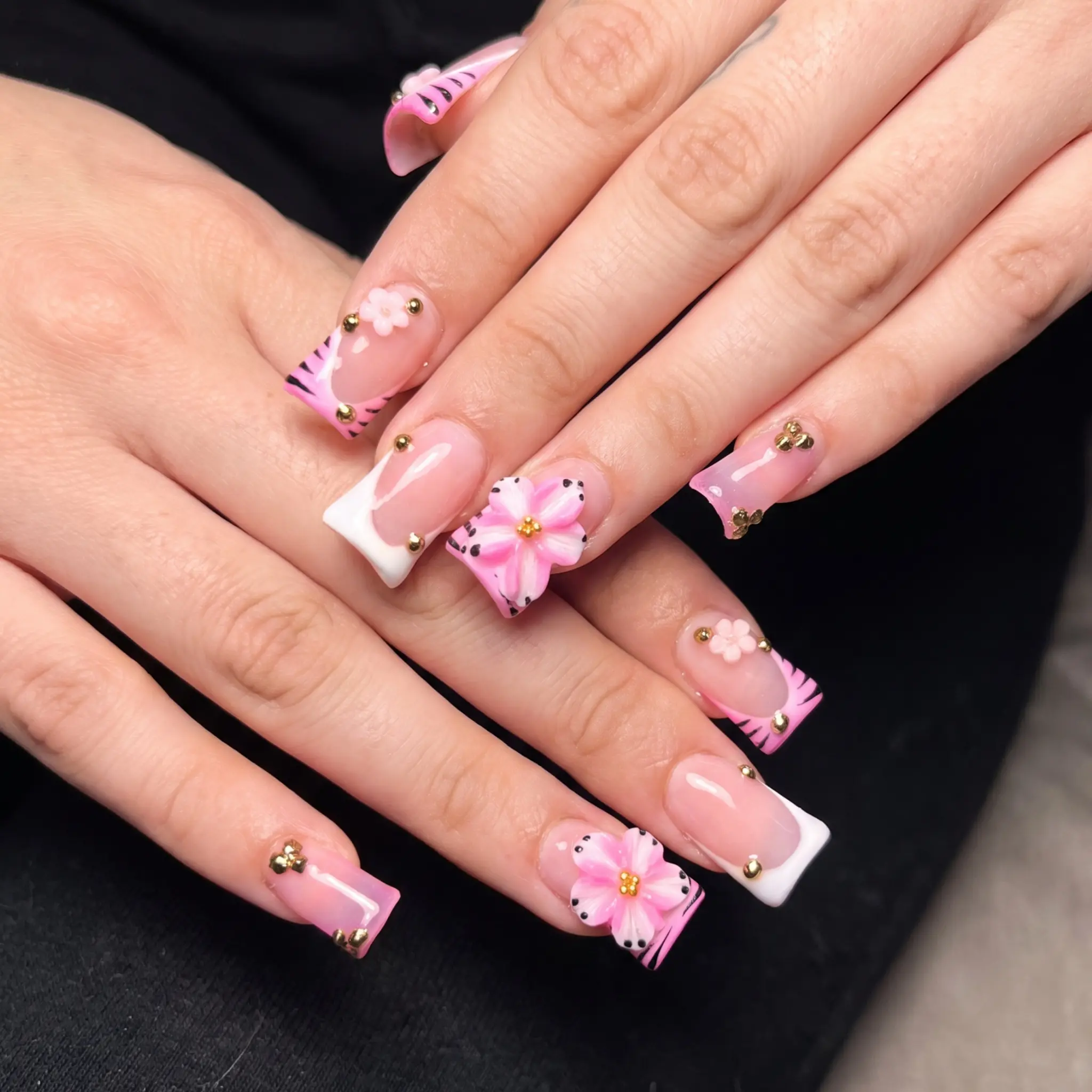 10 pcs Handmade Press on Nails ,Ducknails, 3D Floral Art & Gilded Rhinestone Embellishments, Statement Designer Y2K Nail Art Collection Pink Tip Duck Nails with Black Zebra Stripe & Pink Floral Accents, Spring nails,Summer nails Includes Tools