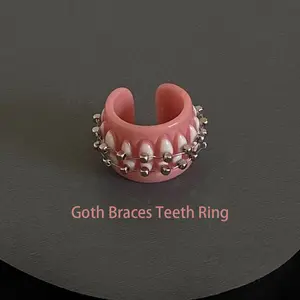 Goth Braces Teeth Ring Adjustable Pink Resin Punk Statement Jewelry for Women Men Halloween Party