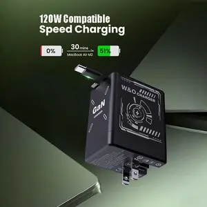 2-in-1 GaN Charger, Retractable 120W MAX Compatible Fast Charger, Block with Type-C Cable, Wall Charger, Portable Charging Power Adapter, Foldable Plug for MacBook, Travel universal Plug, Holiday Gift Tech