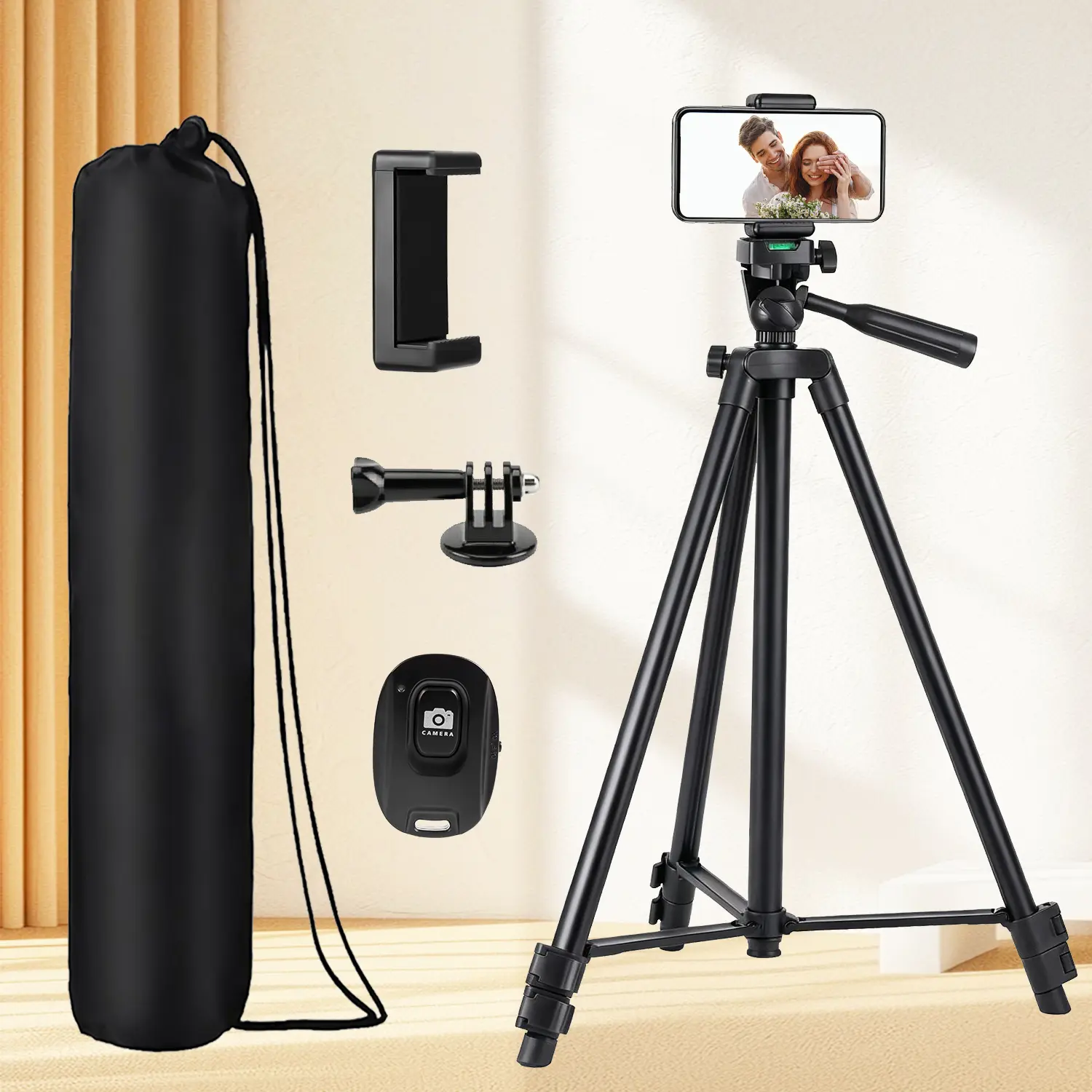 50.3 Inch Multi-functional tall  Tripod, 4-in-1 Set with Bluetooth Remote, Phone Clip & GoPro Mount. Height adjustable, lightweight and portable, easy to install. Compatible with phones, cameras and DIY live stream fill lights, perfect for travel use.