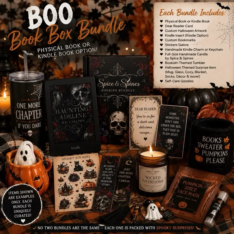BOOkish Halloween Inspired Kindle Bundle — The Ultimate Halloween Book Lover Box Mystery Book, Tumbler, Handmade Candle, Kindle Insert & More Gift Artwork