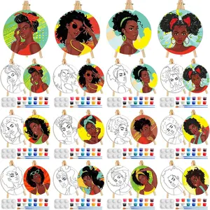 72 count Black Girls Round Pre Drawn Canvas Kit 5.9"  and Sip Kit for Adults Painting Party Pre Printed Canvas DIY with Pictures Paints Easels Brushes for Party Gifts