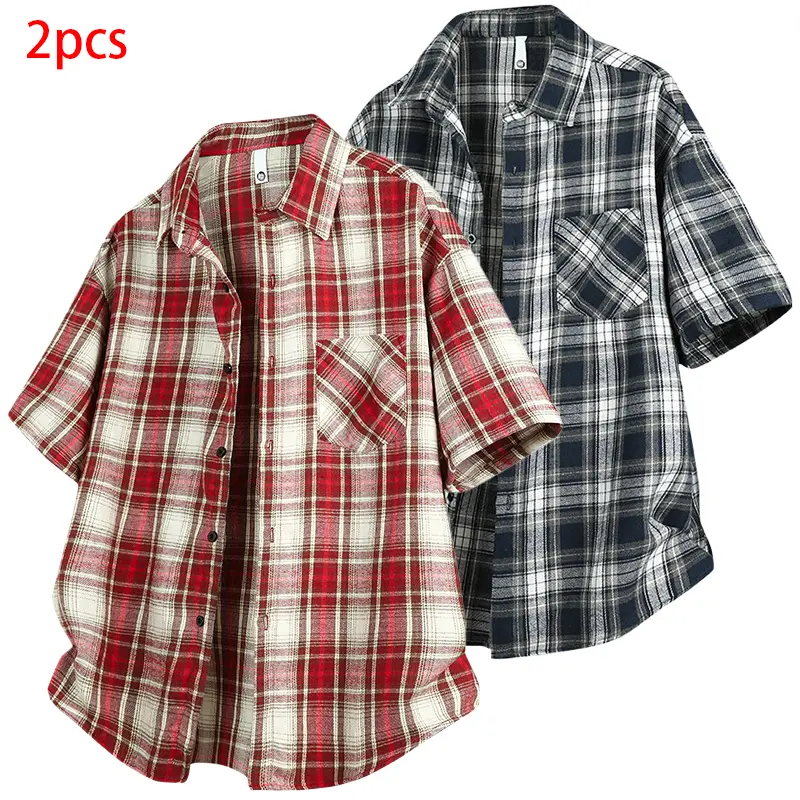 Men’s Classic Plaid Short-Sleeve Button Shirt - Turn-Down Collar, Loose Fit, Open-Front Jacket Option, Chic Casual Summer Menswear, Father’s Day Gift, Shortsleeve, Stylish, Checked, Retro, Top, Plaid Shirts, Foldable, Fashion Apparel, Casual Dress, Wardro