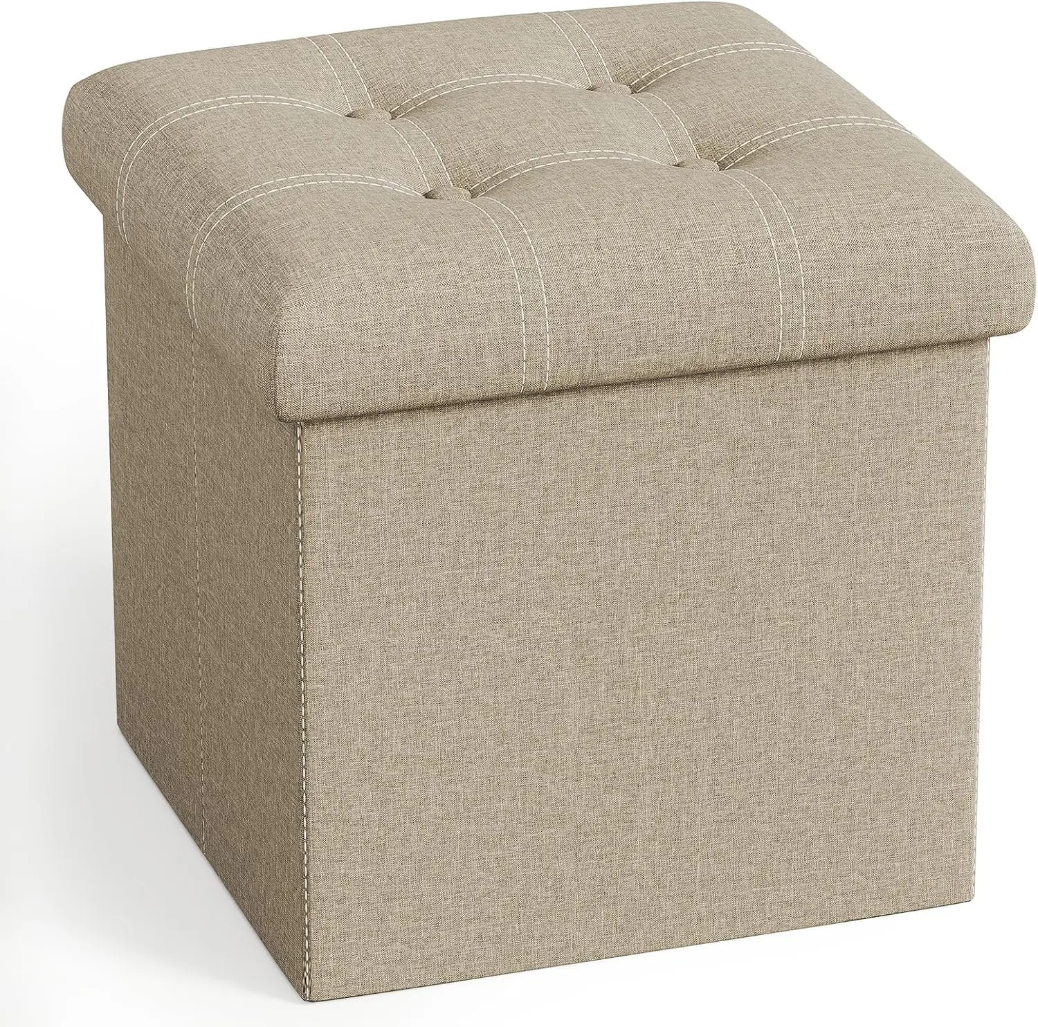 15 inches Storage Ottoman Cube, Foldable Storage Boxes, Padded Seat for Dorm Living Room, Support 300lbs, Line Fabric Beige