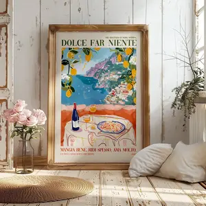 Retro Italian Food Lover Quote Rolled Poster Print, Italy Pasta & Wine Kitchen Wall Art Painting, Italian Amalfi Trendy Home Decor Gift