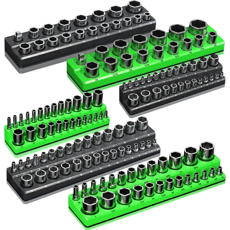 Magnetic Socket Organizer Holder Set for Tool Box Drawer Organization, Metric & SAE Socket Trays for 1/4", 3/8" & 1/2" Drive, Practical Toolbox Storage Accessory (Sockets Not Included)