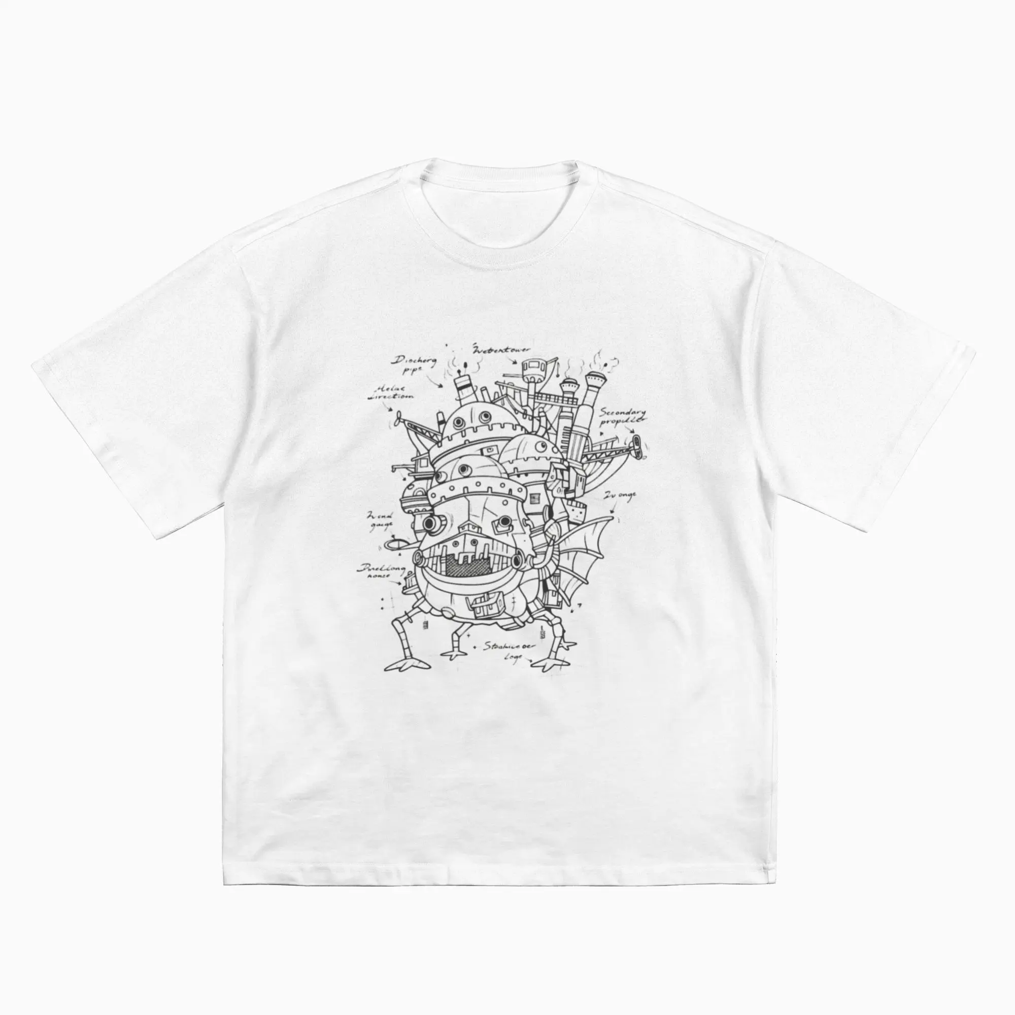 Unisex Howl's Moving Castle Blueprint Sketch Minimal Line Art Oversized 100% Cotton Crew Neck Casual T-Shirt Soft Studio Ghibli Fantasy Daily Staple For Women Anime Manga Fans