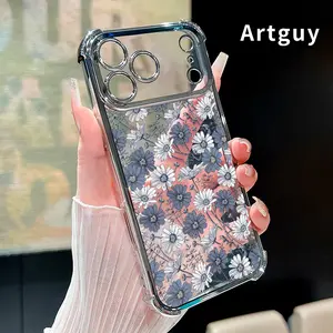 Electroplated Four Corner Anti-Fall Daisy Blue Symphony Pattern Phone Case for iPhone 17 Pro Max 16 Air 15 Plus 14 13 12 11 E Shockproof Transparent Protective Cover
