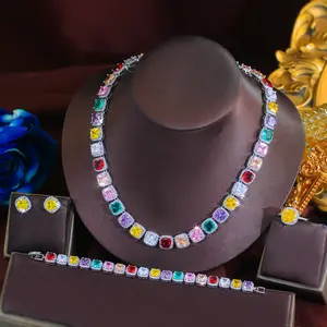 Rainbow Square Cut 5A Cubic Zirconia Four-Piece Jewelry Set, suitable for light luxury parties, birthday banquets, and weddings; women’s jewelry set