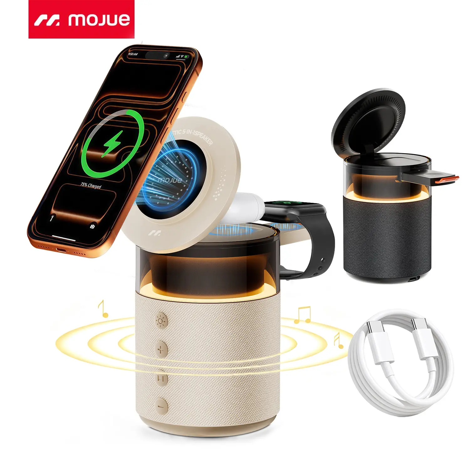 MOJUE 5-in-1 Qi2-Certified Wireless Charging Station with Bluetooth Speaker & Colorful Ambient Light – 15W Fast Charging, 360° Adjustable Phone/Tablet Stand, Compatible with iPhone 17/16/15/14/13/12 Pro Max, Apple Watch, Samsung Watch & AirPods Pro