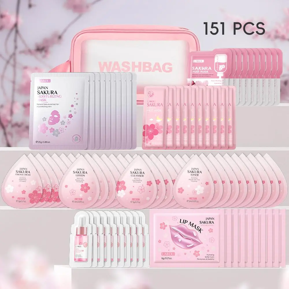 Sakura Moisturizing Hydrating Moisturizer Skin Care Kit, Including Facial Cleanser, Toner, Lotion, Essence, Facial Mask, Lip Mask, Nourishing and Smoothing Skincare Set, Skin Care Products & Beauty Kit for Daily Life Hydration Care Set