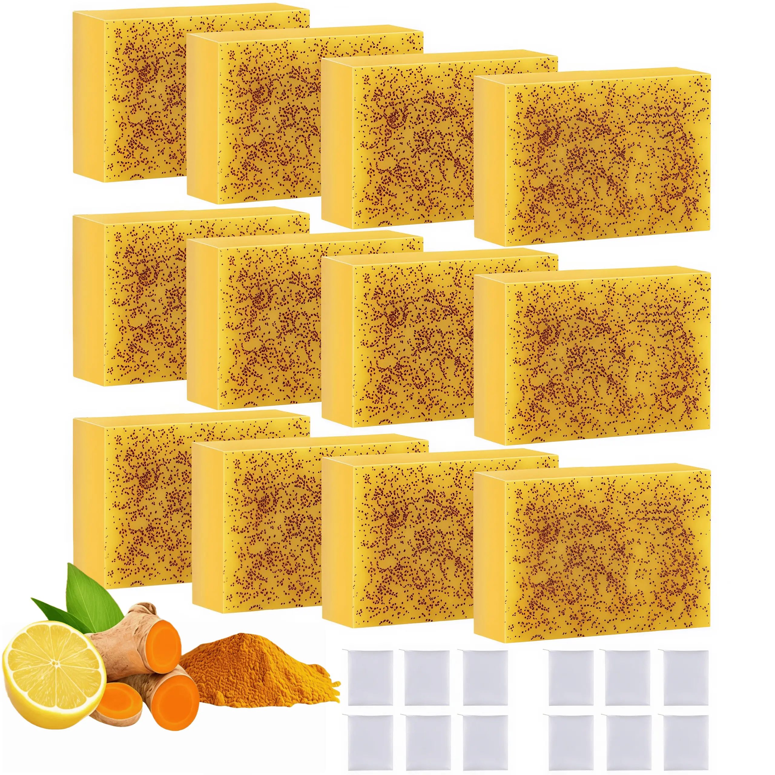 LMMAKE 12PCS Turmeric Brightening Bar, Lemon Kojic Acid Foaming Soap - Natural 2-in-1 Body Care Cleanser for Deep Cleansing, Evening Tone, Nourishing Smoother Skin, Daily & Travel Use, Shower Routine, Kojic Acid Soap, Handmade Soap