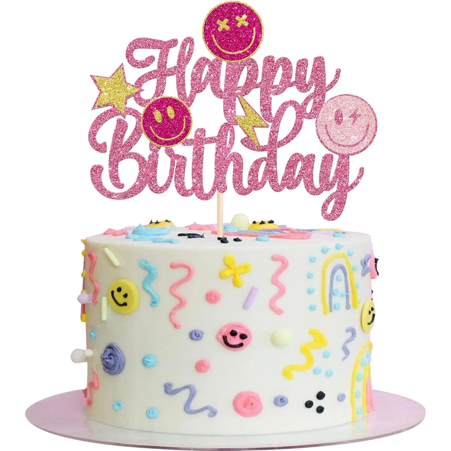 P-PSD027   1 Pack Smile Face Happy Birthday Cake Topper Gold Glitter Cut Emoji Cake Pick Smiley Assorted Emojions Cake Topper For Girls Baby Shower Birthday Party Cake Decoration Supplies Pink 2 Cream Ornaments
