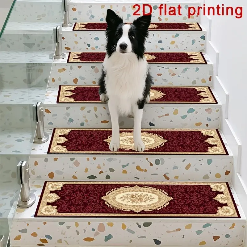 15pcs Rubber Non-Slip Stair Treads, Crimson Base with Golden-patterned Luxurious Design Stair Treads, Non-slip Stair Carpets, Noise-reducing Safety Mats, Easy to Install. Suitable for Indoor Stairs and Wooden or Hard Surfaces.