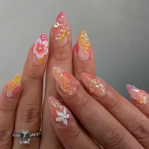 T27 Lynn Glazed Blossom Press-On Nails, 3D Floral Charms, Dewy Jelly Finish, Pink-Orange Gradient, Custom Press-On Nail, Summer Vibes, Glowy Nail Art