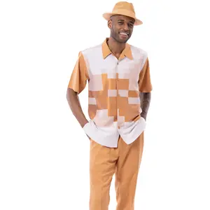 Geometric Collection: Men's Solid Tone on Tone Tetris Desgin Walking Suit Set in Biscuit Tan - 2423
