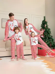 Christmas Striped Family Pajamas, Classic Color Block Santa String Light Print, Soft Stretch Fabric, Fall & Winter