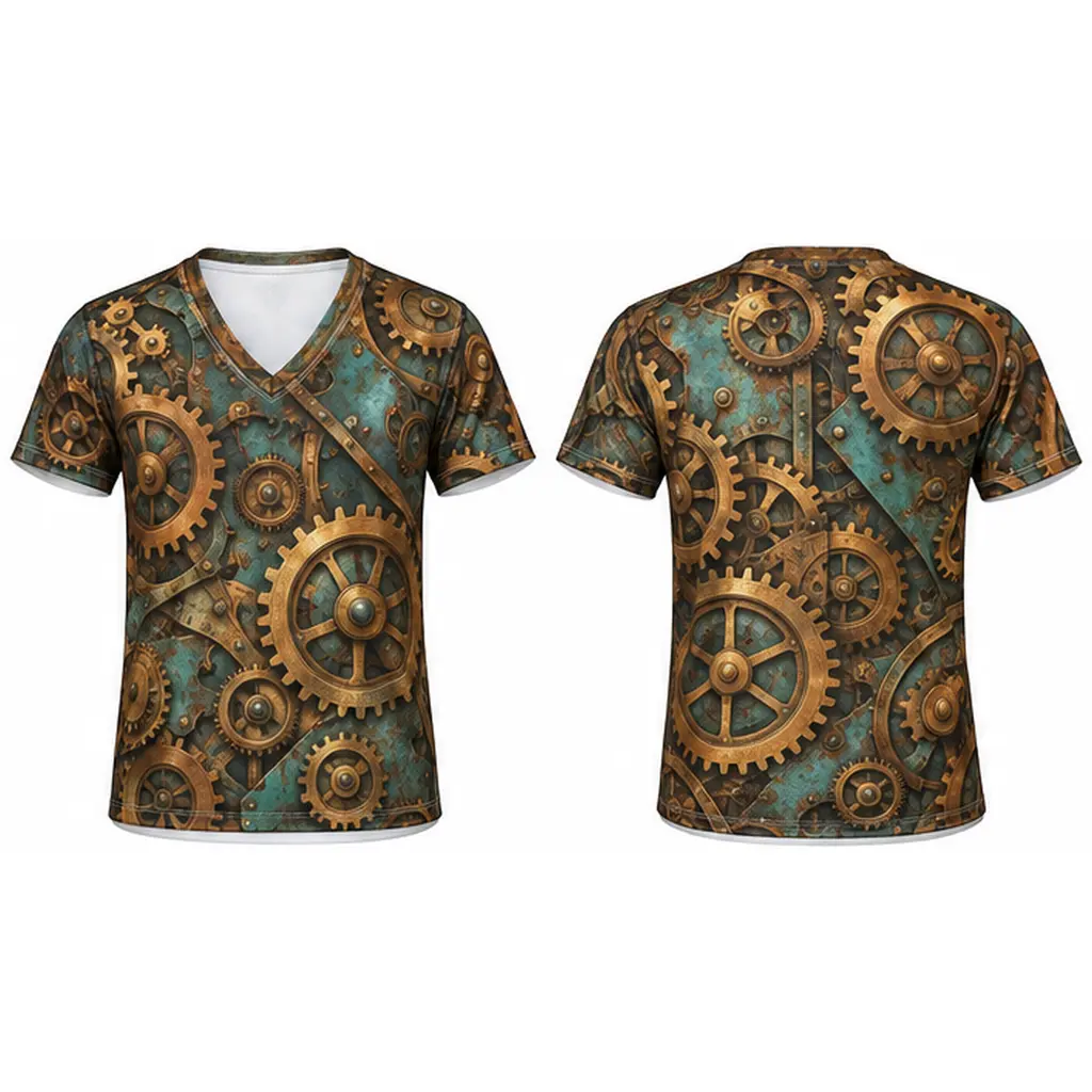 Men's Steampunk Gear All-Over Print V-Neck Athletic T-Shirt, Breathable Polyester Mesh Casual Menswear Sports Top