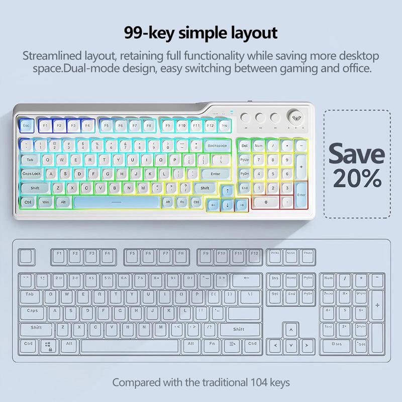 AULA F3099 membrane keyboard, features a 99-key layout, cool lighting effects, RGB Backlight Keyboard, supports wired and wireless connectivity, a 2000mAh rechargeable battery, quiet key presses, and compatibility with Windows/Mac/iOS devices. office use.