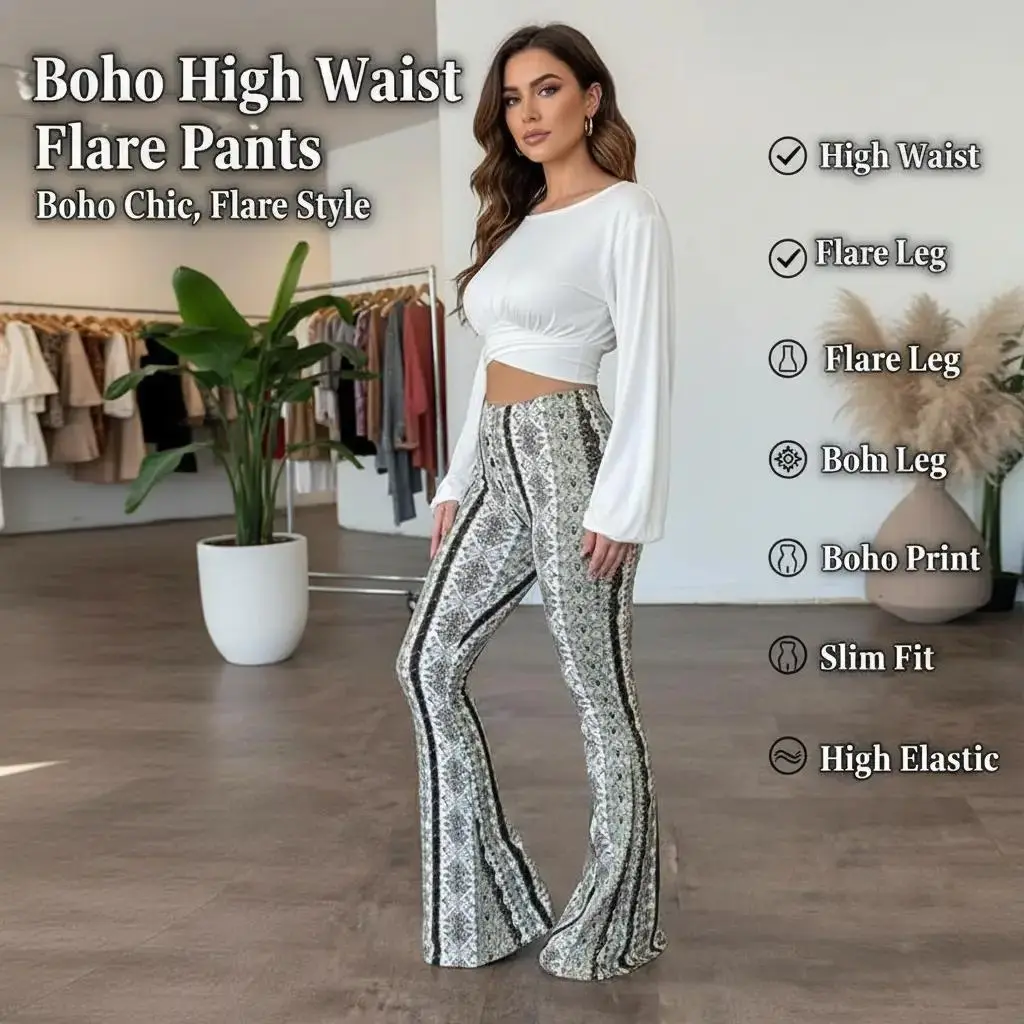 Women's High-Waisted Boho Printed Flare Pants - High-Elastic Slim-Fit Trousers
