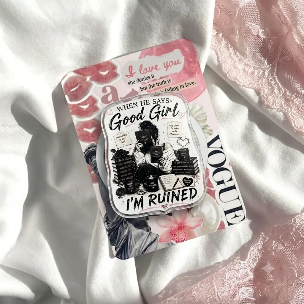 Good Girl Bookish Phone Grip, Romance Novel Reader Accessory, Black and Pink Acrylic Grip, Literary Gift for Book Lovers, Reading Addict, Book Club Bestie