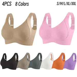 4PCS Women's Solid Wireless Bra Comfortable Breathable Push Up Bra, Softness Lightweight Lingerie for All Seasons Womenswear Lingerie for All Seasons, girl,Soft Comfortable Breathable Ribbed Push Up Seamless Bra, gift