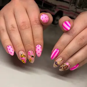 24 pcs of medium-length almond-shaped press on nails with hand-painted pink leopard print giraffe personality sunglasses bow polka dot stripes hot girl dragon fruit color whitening Y2K sweet and cool eye-catching girl party, daily portable fake nail