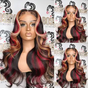 Hair red With Blonde Highlights 13x4 Lace Front Wig Long body wave Loose Wave Wig Black With Red & Blonde Wavy Wigs HD Glueless Long hair wigs Heat Resistant 28inch