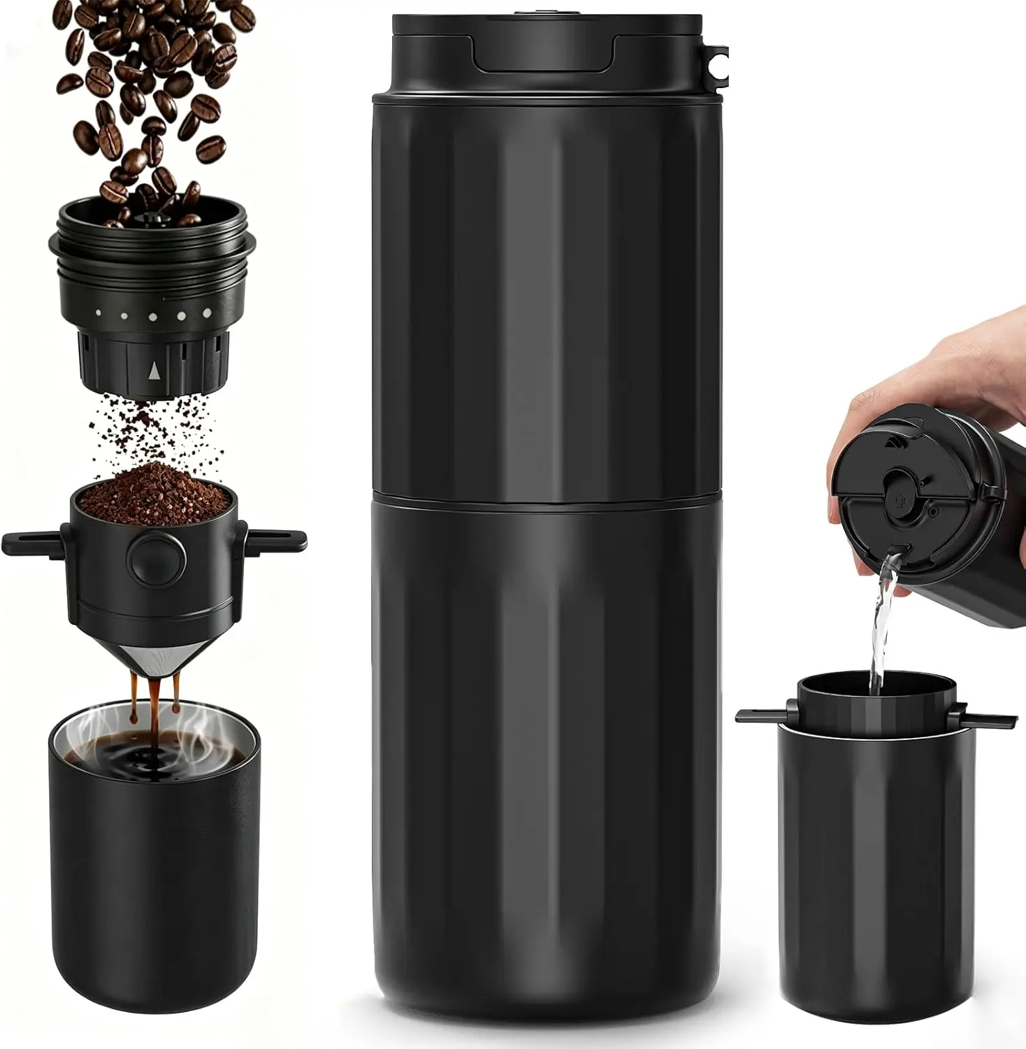 Coffee Grinder Electric - Grind While Charging, Portable with Electric Grinder & Insulated Mug and Pour Over for Travel, Cordless/Rechargeable Coffee Bean Grinders for Travel,Camping, Car-Gloss Black summerwins