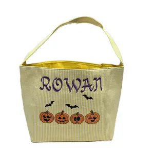 Personalized Trick OR Treat Candy Bag with Handle - Design Featuring Pumpkins & Bats for Halloween