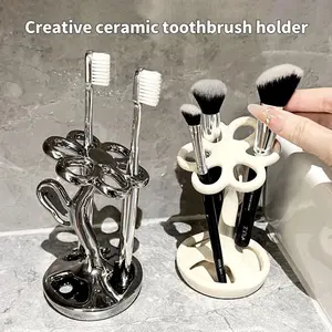 Flower-Shaped Ceramic Toothbrush Stand - Multifunctional Bathroom Storage for Toothbrushes & Makeup Brushes, Bathroom Accessory