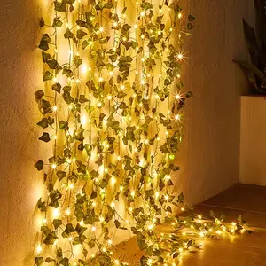 5M 50LED Fake Green Leaf Ivy Vine with LED Lights String for Home Bedroom Decor Wedding Glowing Artifical Plant Garland Home Party Holiday Decoration Lighting Graduation Party Decor