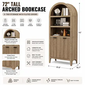 72" Tall Arched Bookcase, Oak 5-Tier Bookshelf with Fluted Doors, Large Organizer Book Case for Living Room, Hallway, Kitchen & Home Office